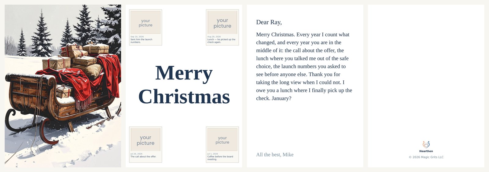 A Christmas card to a mentor: the sleigh cover, four moments inside, the note, the back