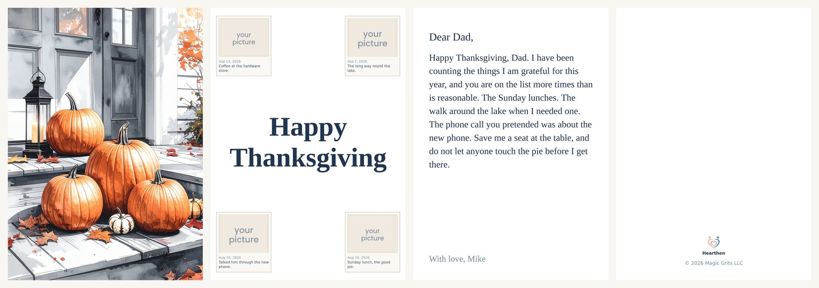 A Thanksgiving card to a father: pumpkins on the step, four moments inside, the note, the back