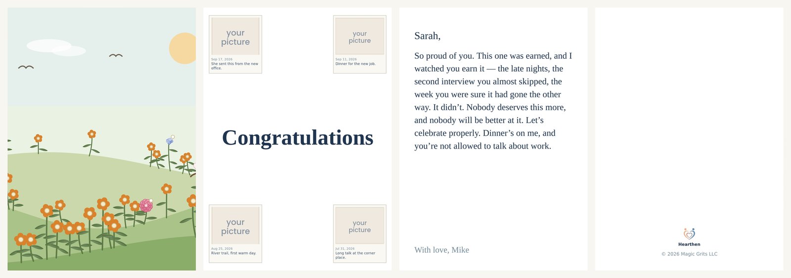 A congratulations card to a friend: the garden canvas on the front, four moments inside, the note, the back