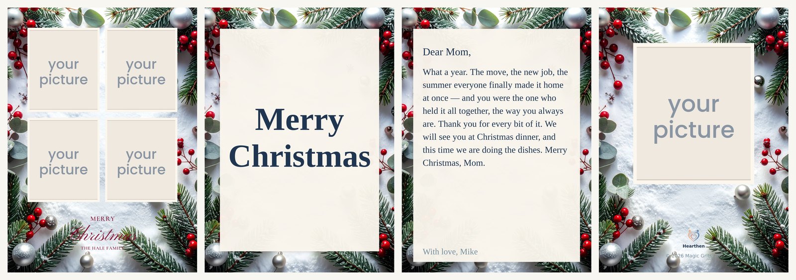 A Christmas card to a mother: four photos on snow and berries, the title inside, the note, one photo on the back