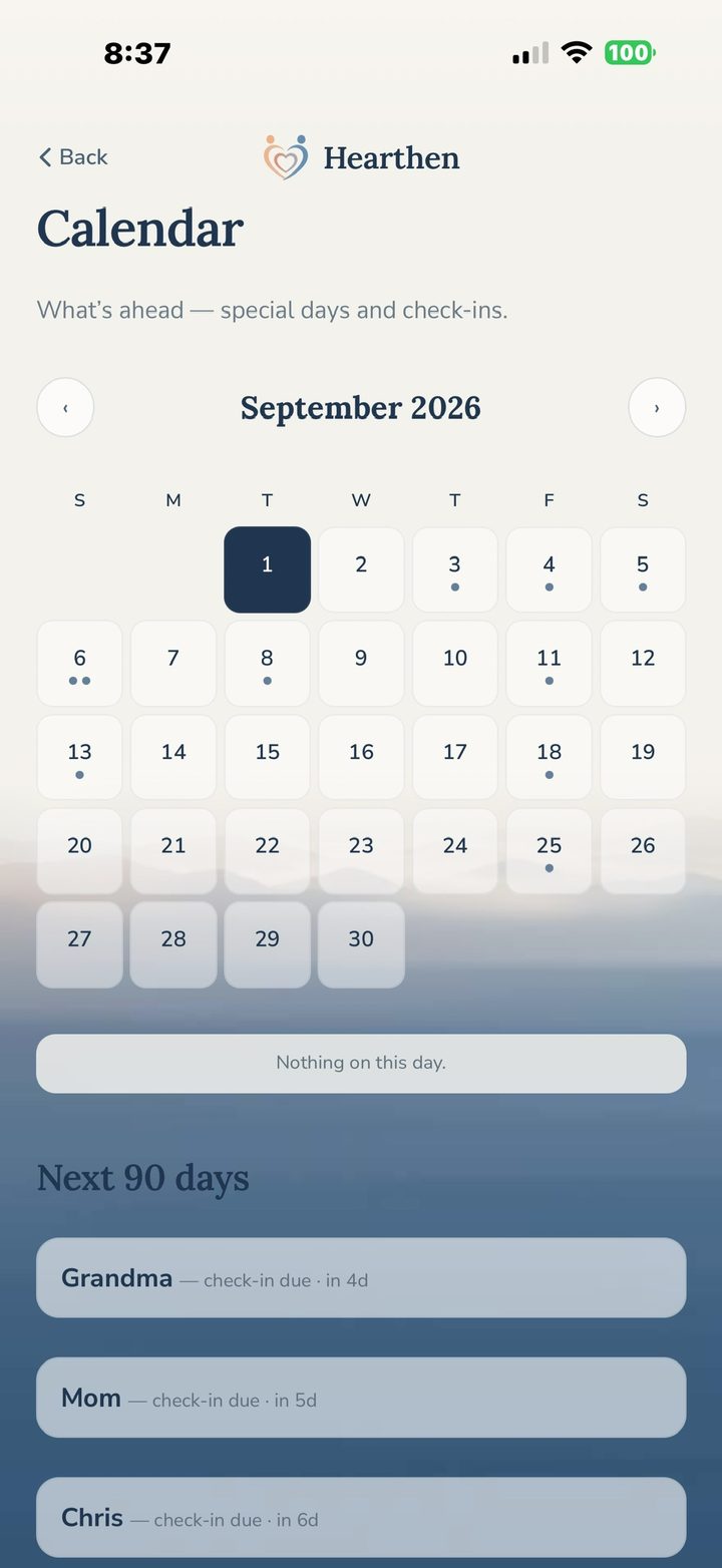 The month at a glance — special days and check-ins as gentle dots