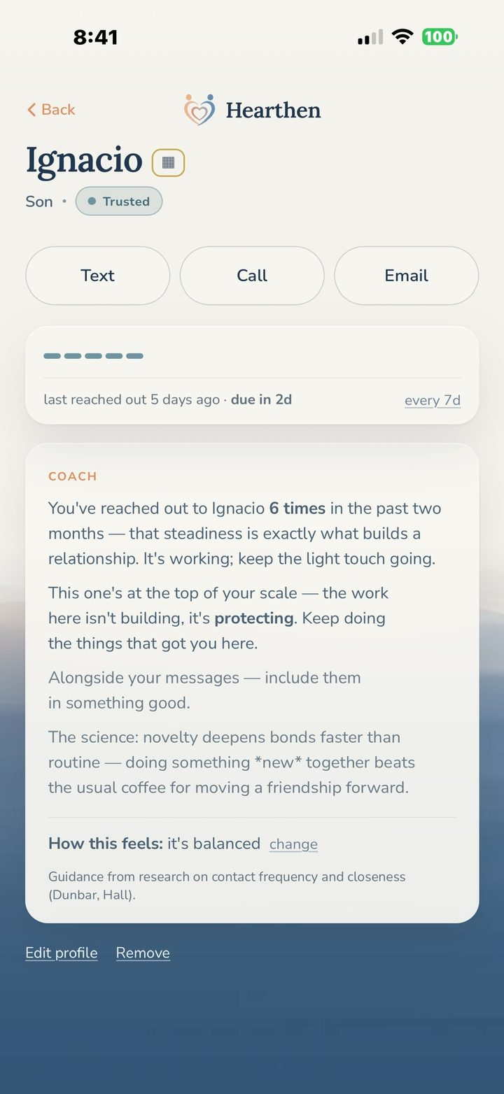 A person's page with the coach's guidance